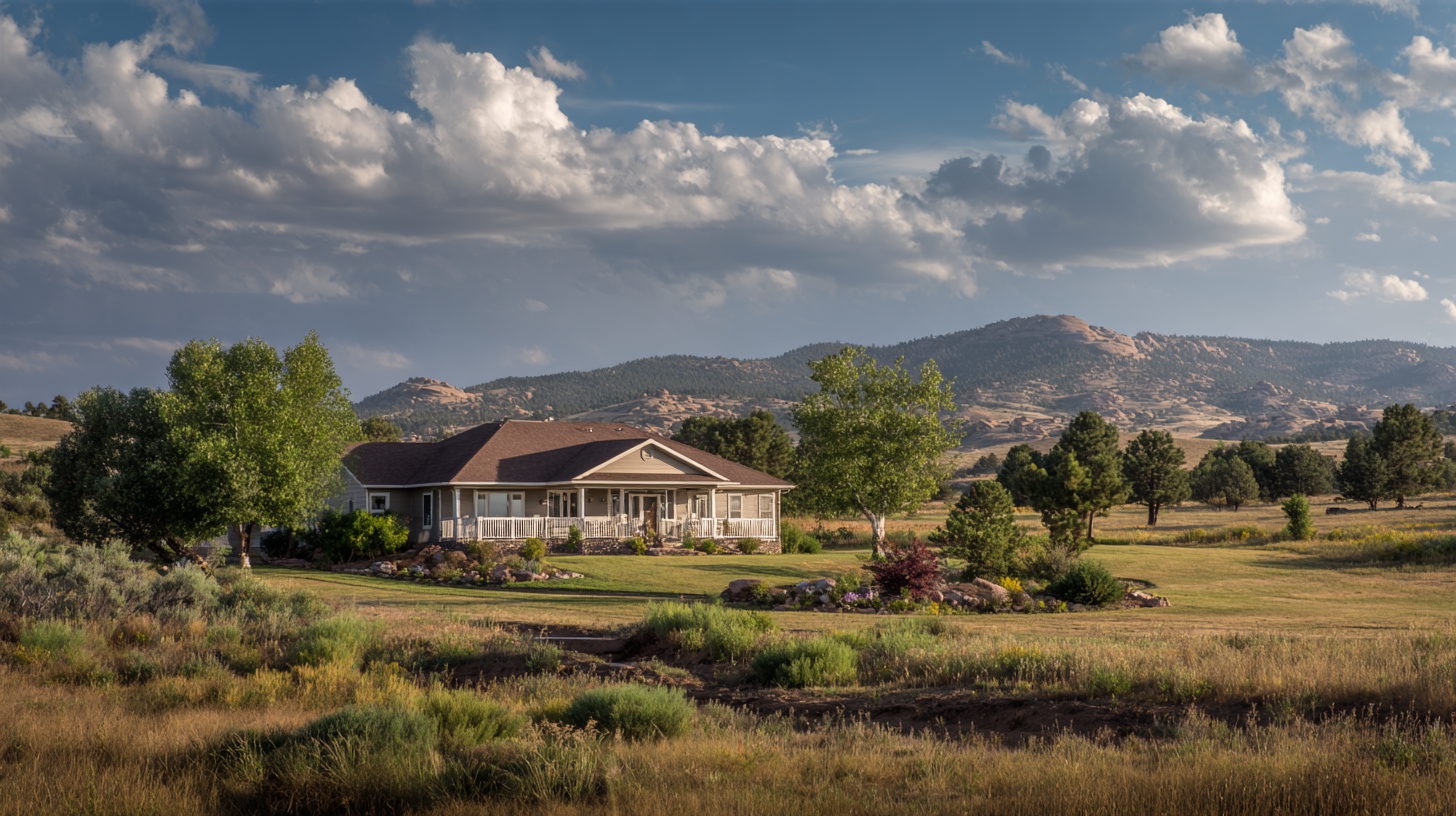 A taupe ranch home with wraparound porch set in a Colorado meadow with sagebrush and rocky foothills under dramatic clouds